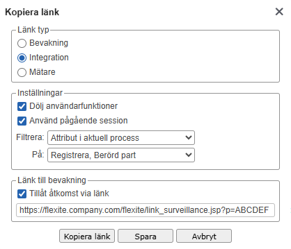 Länk av typen Integration med länkåtkomst aktiverad