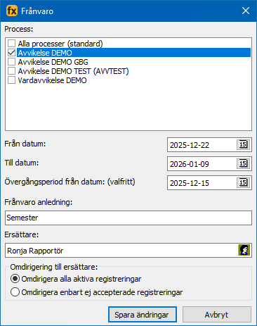Frånvaro för processen Avvikelse DEMO med ersättaren Egil Egilsson