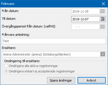 Redigera frånvaroperiod med global frånvaro (standard)
