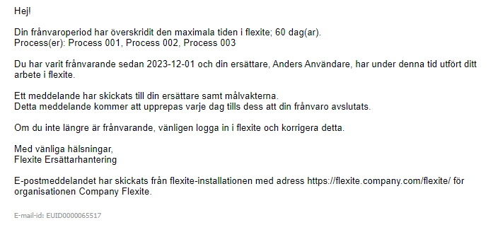 Exempel på e-postmeddelande till frånvarande användare när maxtiden för frånvaroperioden överskridits
