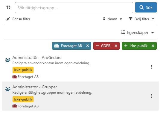 Exempel på filter för rättighetsgrupper