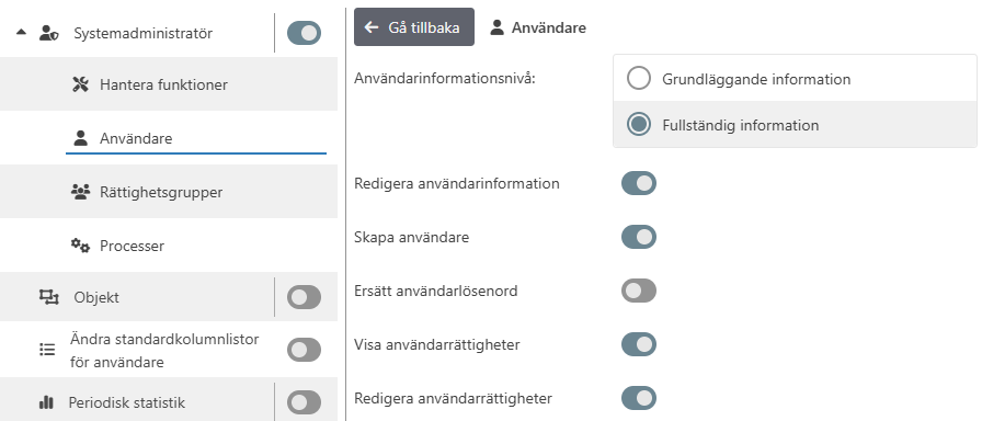 Exempel på rättigheter för Systemadministratör > Användare