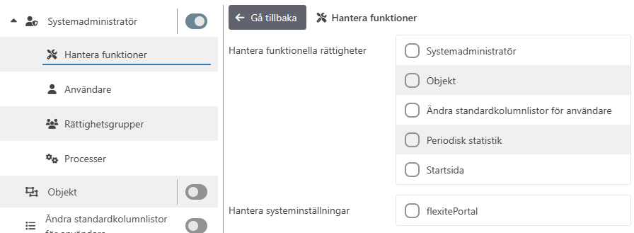 Exempel på rättigheter för Systemadministratör > Hantera funktioner