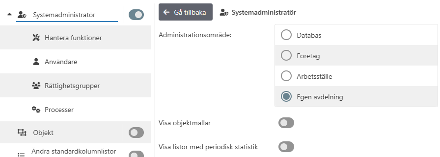 Exempel på rättigheter för Systemadministratör