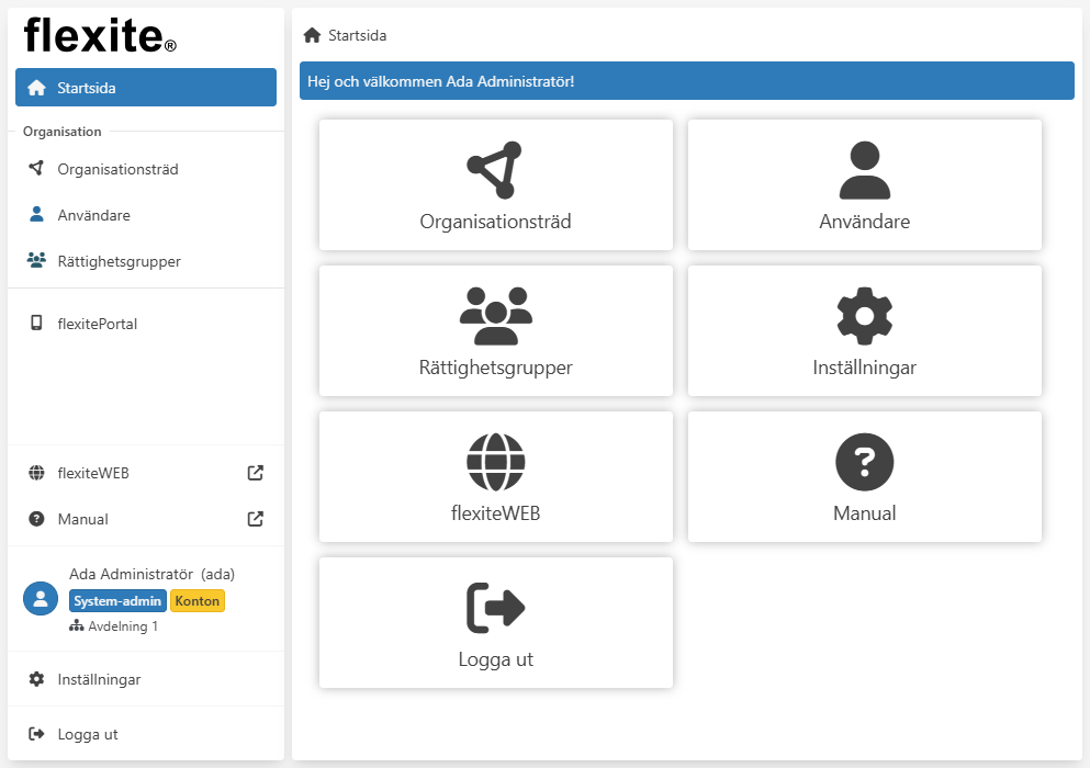 Exempel på startsida och huvudmeny i flexiteAdmin